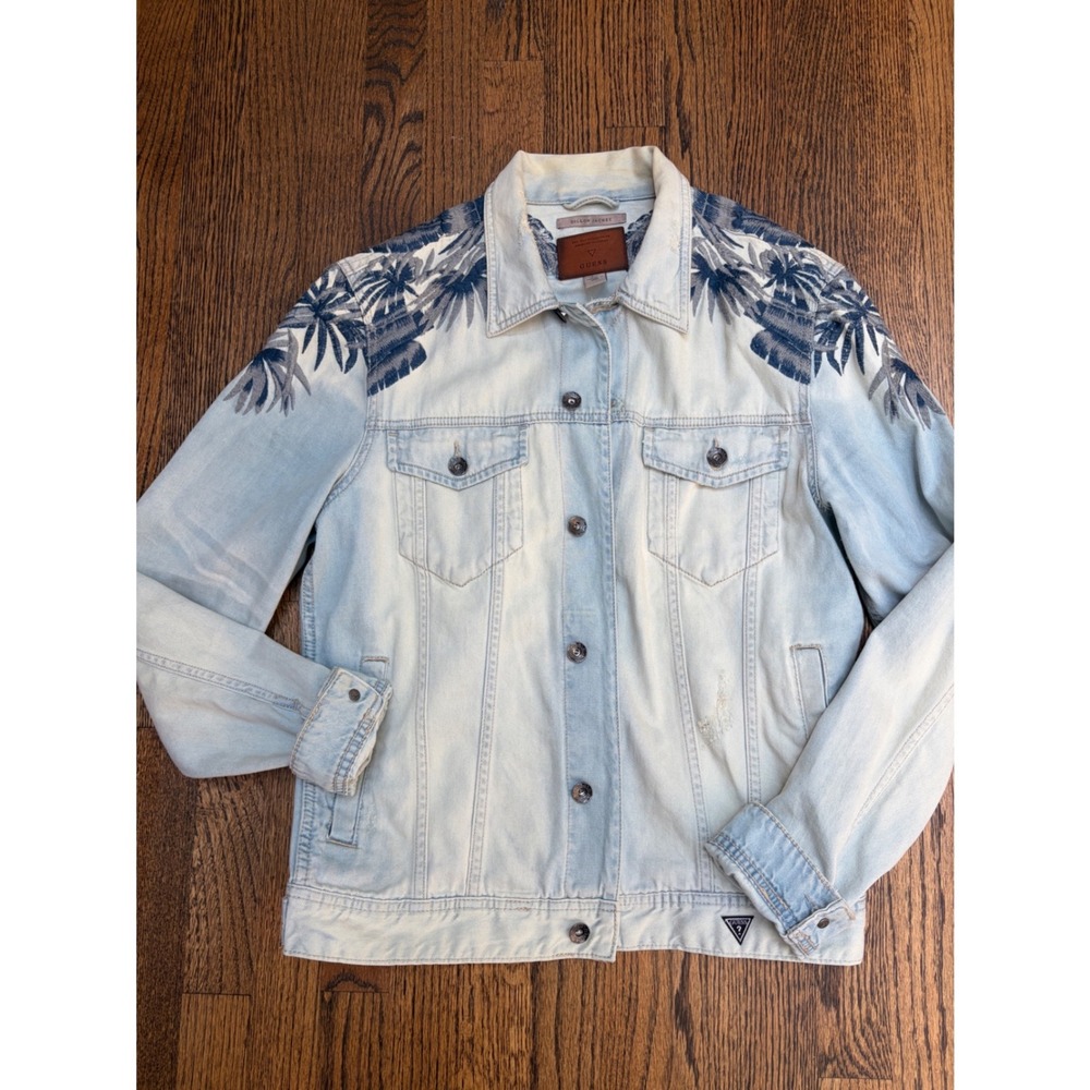 Guess Dillon Jacket Mens L Palm Tree Embroidered Denim Hawaiian Distressed